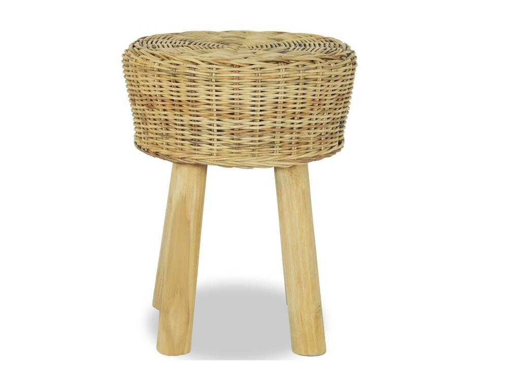Tabouret bas rotin naturel et teck massif clair Lysvia NHWO77254