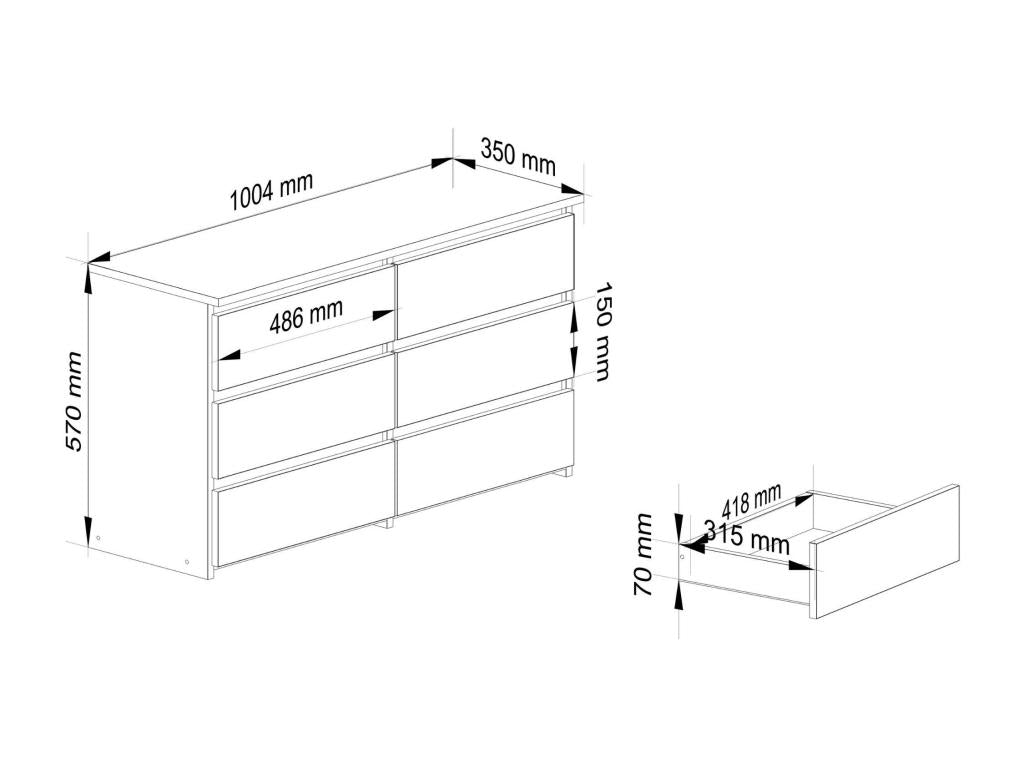 Petite Commode CL100 Blanche 100 cm 6 tiroirs façade Chêne 100x35x57 cm LYYQ85886