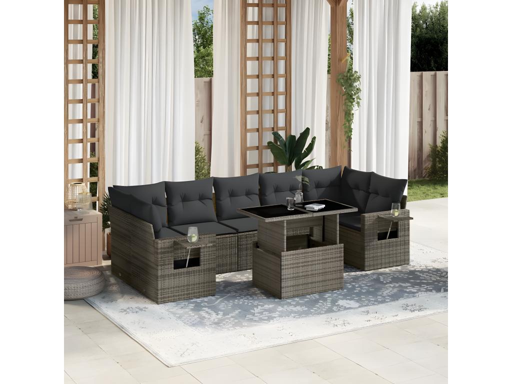 Salon de jardin 8 pièces avec coussins gris résine tressée TUWQ73697