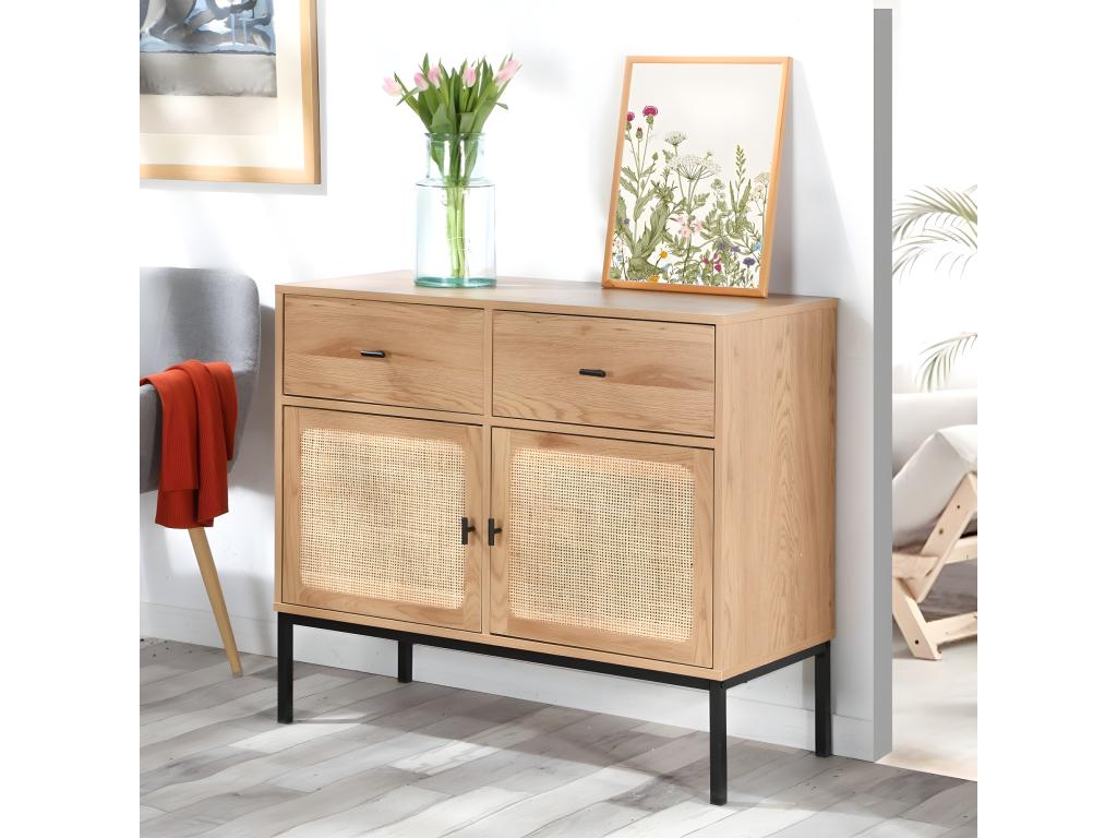 Buffet 2 Portes 2 Tiroirs avec Cannage Rotin L90cm - Lysvia MOIO50044
