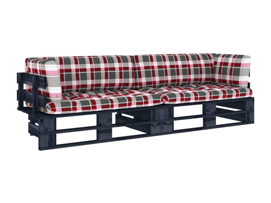 Canapé palette 2 places avec coussins Pin imprégné de noir BQMO95234
