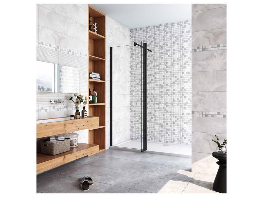 Paroi de douche à l'italienne avec retour pivotant 70 40x200cm avec barre de fixation 90cm en carré - Noir Mat - 8mm verre anticalcaire TLDO39330