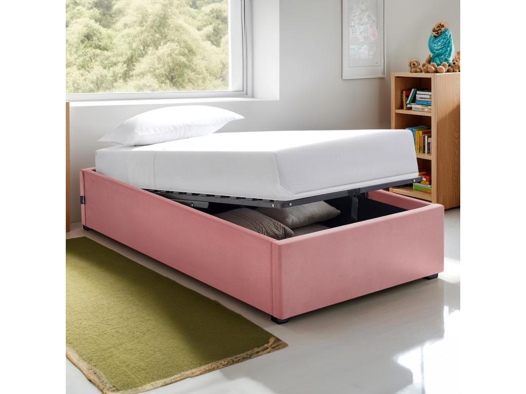 Lit coffre adulte 90x190 cm en velours rose avec sommier - Lysvia ZJBR40718