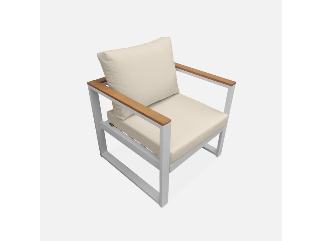 Salon de jardin 5 places en aluminium et eucalyptus – – Structure blanche- Coussins beiges VWJI60499
