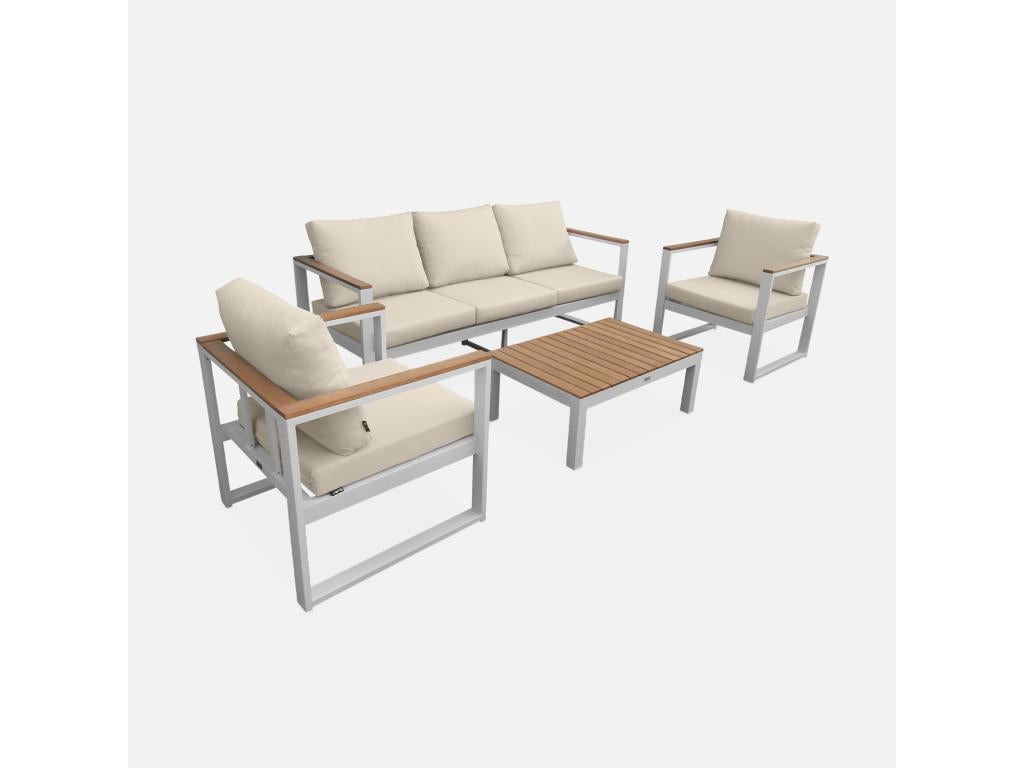 Salon de jardin 5 places en aluminium et eucalyptus – – Structure blanche- Coussins beiges VWJI60499