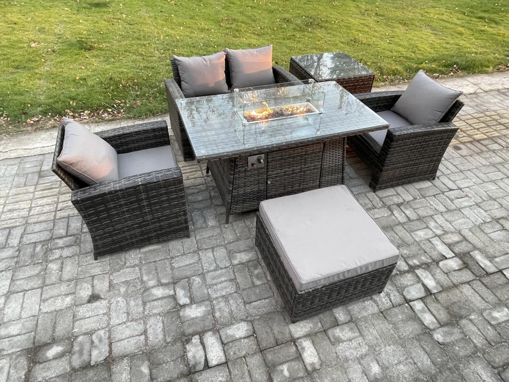 5 Places Rotin Canapé de jardin Set ave Grand Tabouret Table d'appoint Gris foncé JLFH69780