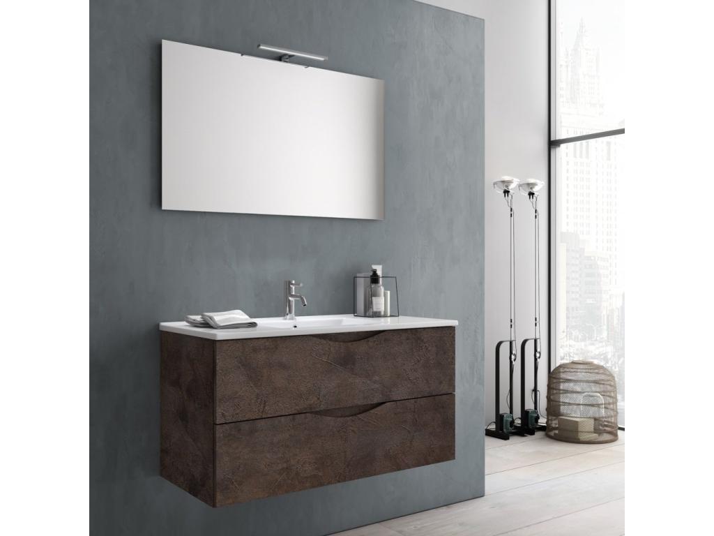 Ensemble meuble de salle de bain 2 tiroirs marron effet pierre et miroir à LED Lysvia L 100cm AVAJ97812