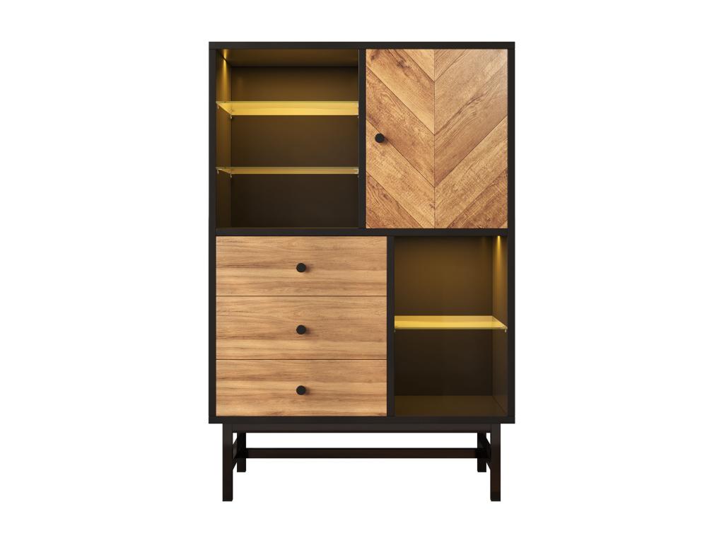 Vitrine avec 3 tiroirs et 1 porte - 80x40x120,5 cm - LEDs - Etagères en verre - Panneaux de particules et métal - Couleur noir QMPA60833