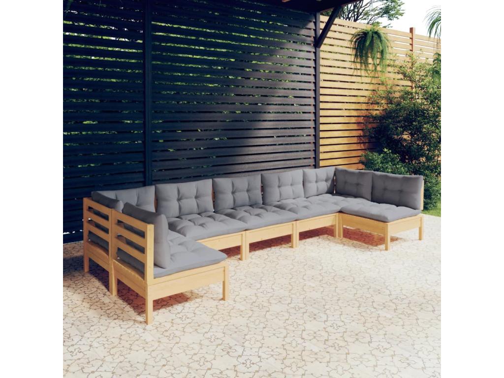 Salon de jardin 7 pcs avec coussins gris bois de pin massif ZMJL71757
