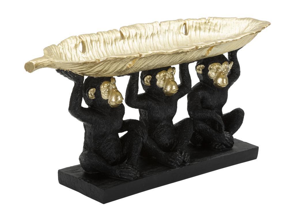 Figurine décorative de trois singes avec feuille de palmier doré porte-objets 43x15.7x20 cm - Statue en résine noire et dorée sur piédestal DSZO50723
