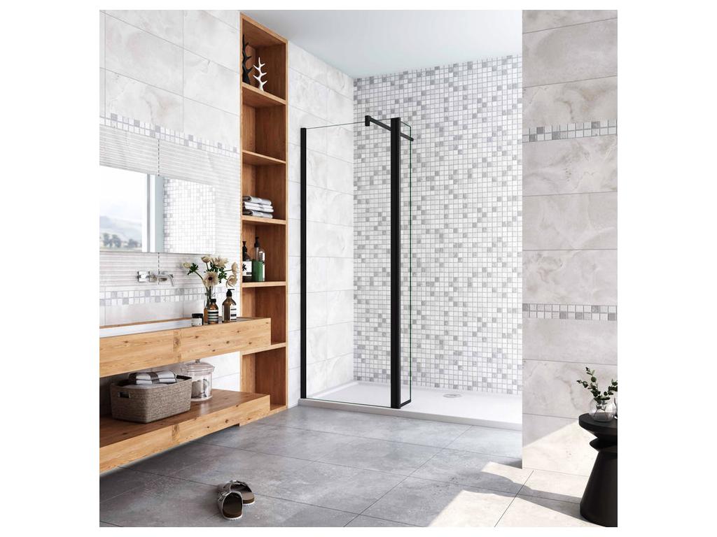 Paroi de douche à l'italienne avec retour pivotant 70 40x200cm avec barre de fixation 90cm en carré - Noir Mat - 8mm verre anticalcaire TLDO39330