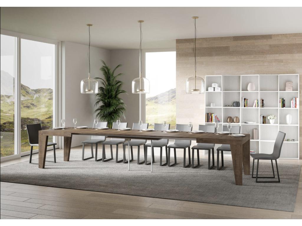 Table à manger extensible en bois Lysvia-Couleur Marron-Support 4 pieds-2 rallonges fines-Largeur extensible 140 à 244cm JTZB72936