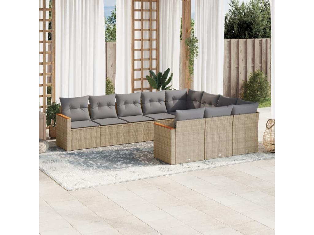 Salon de jardin avec coussins 10 pcs beige résine tressée CDPS90401