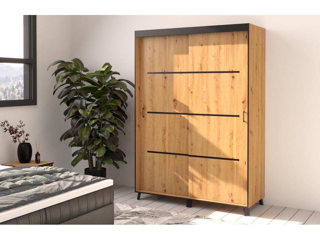 Armoire de chambre portes coulissantes bois clair Lysvia et noir Lysvia-Largeur 200 cm FZID13833