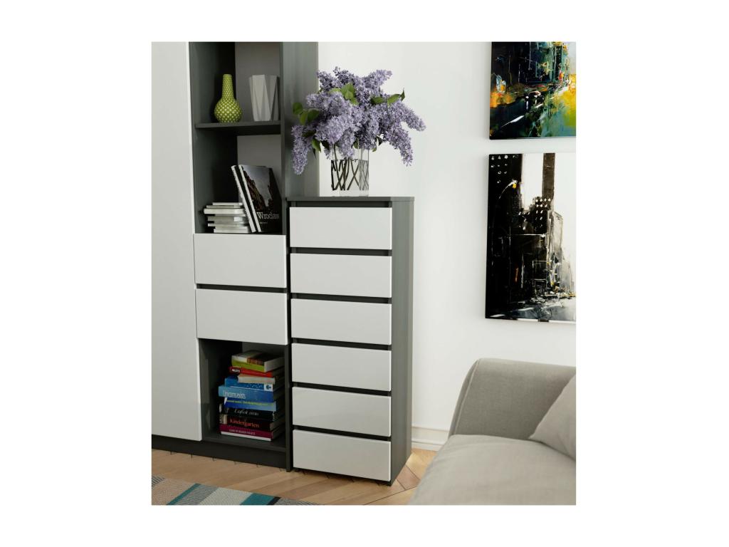 Commode Lysvia CL6 Gris Graphite 40 cm 6 tiroirs façade Blanche 40x35x109 cm ZLXO37560