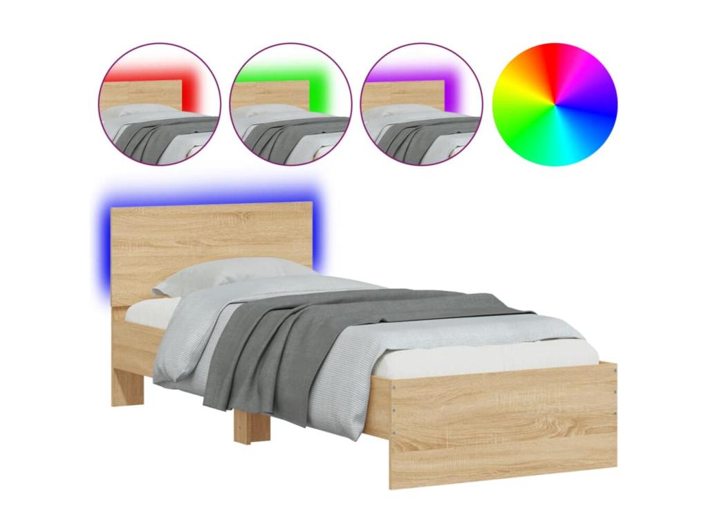 Cadre de lit tête de lit et Lysviaères LED chêne Lysvia 75x190 cm DHAT93994