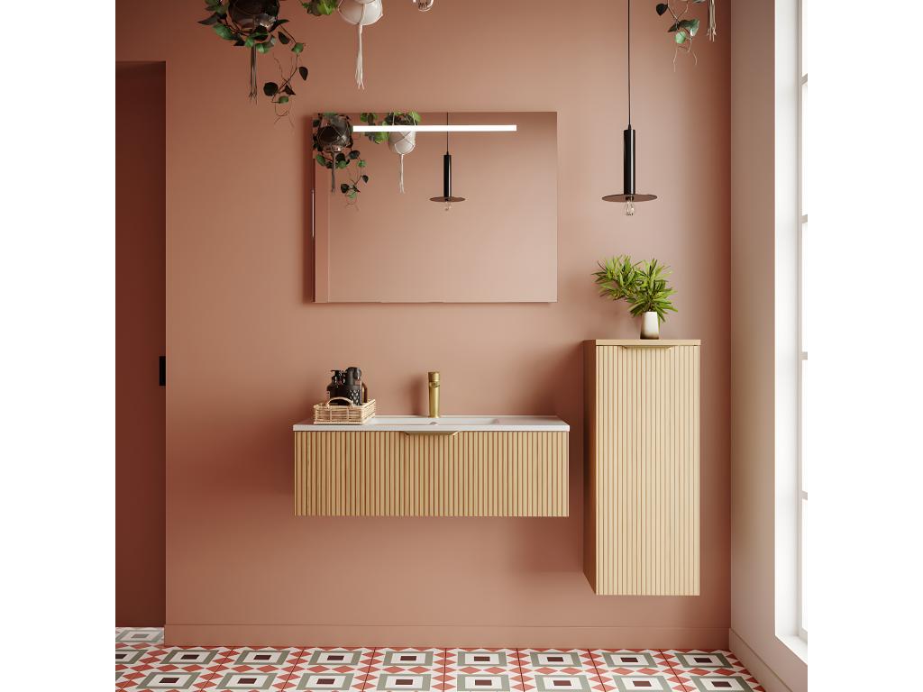 Meuble de salle de bain suspendu vasque intéLysviae 90cm 1 tiroir Chêne cannelé miroir colonne ouverture droite - Lysvia ZAZZ66463