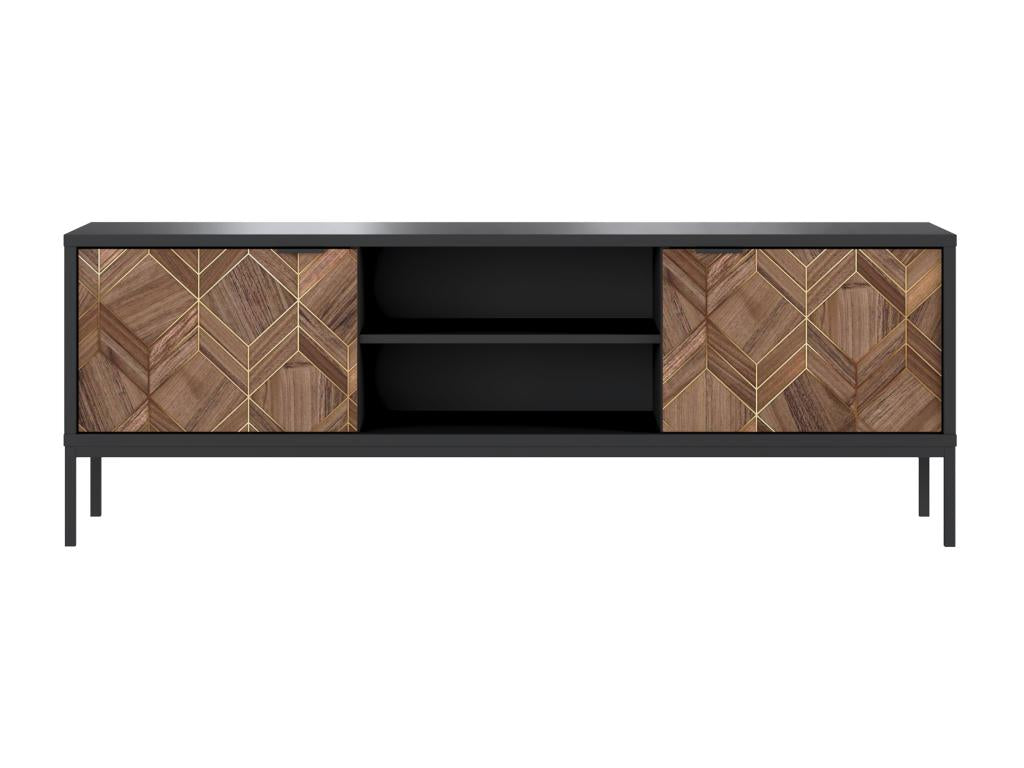 Meuble TV avec 2 portes et 2 niches - Noir et Naturel foncé - Lysvia ZTHL93176