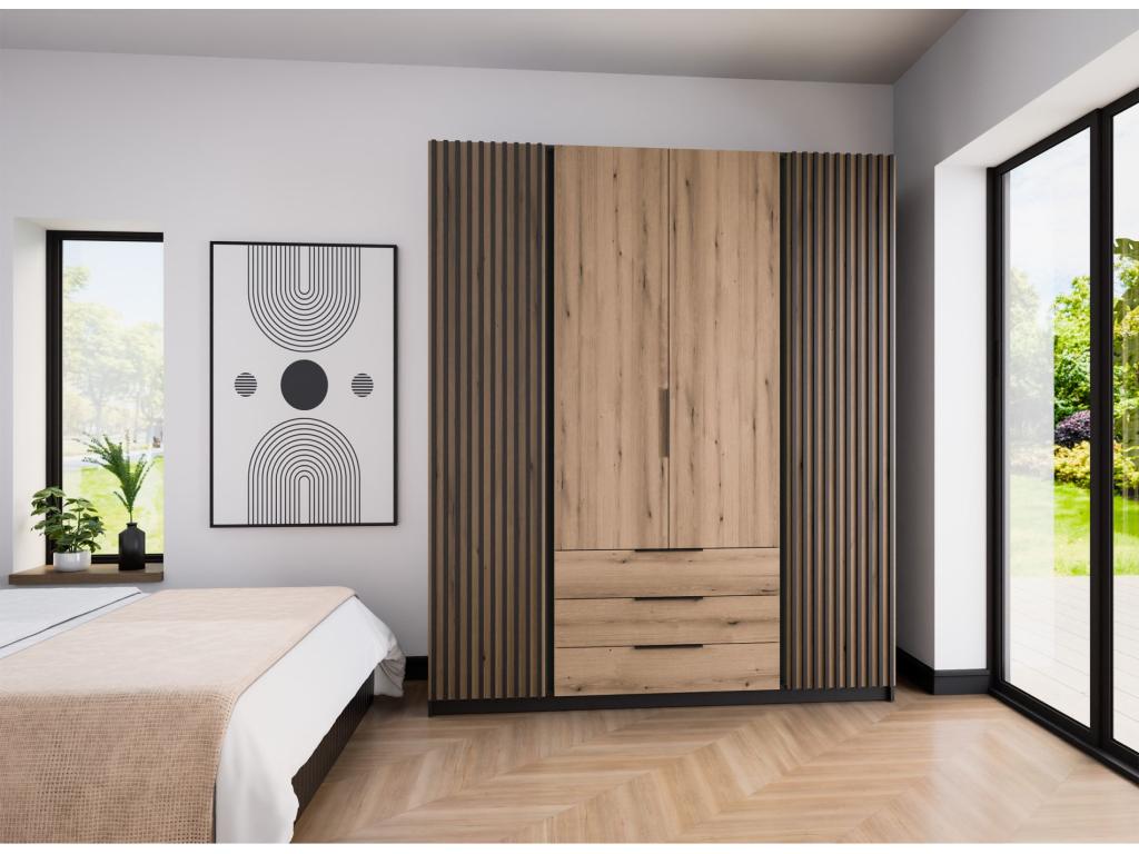 Armoire à 4 portes avec lamelles et 3 tiroirs - 200 cm - chêne Elariva/noir - Elariva LPYB34469