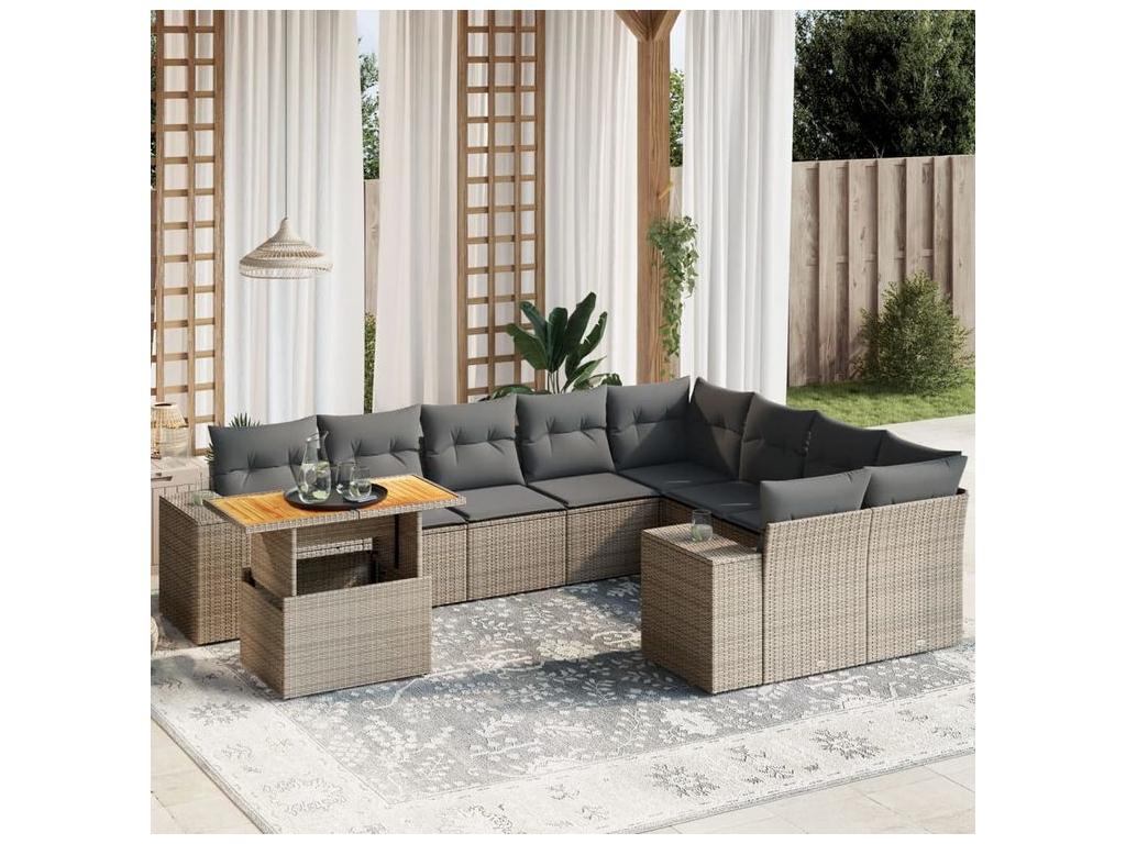 Salon de jardin avec coussins 10 pcs gris résine tressée DANK35891
