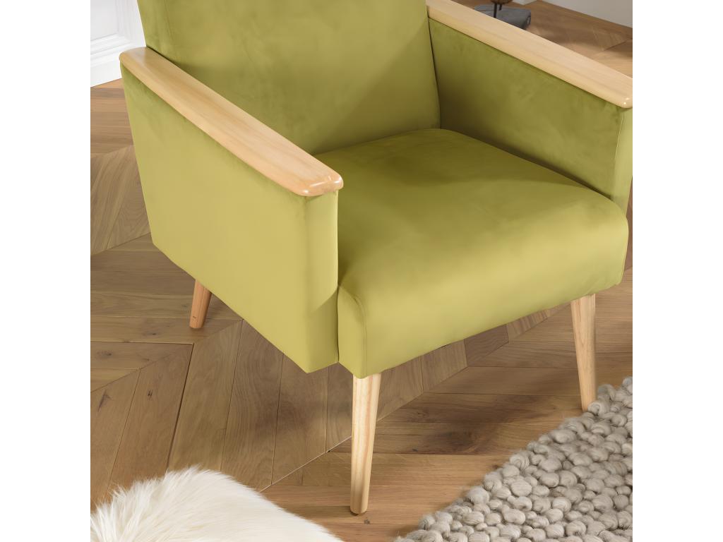 Lysvia - Fauteuil velours vert clair pieds et accoudoirs bois FFKV70504