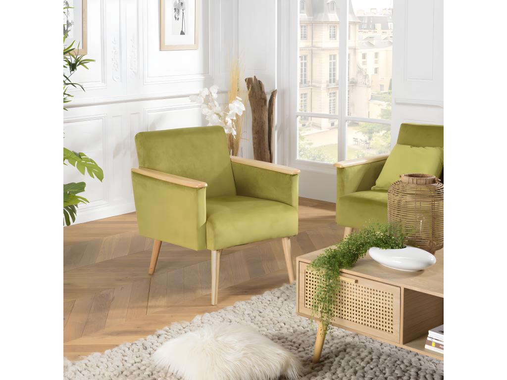 Lysvia - Fauteuil velours vert clair pieds et accoudoirs bois FFKV70504