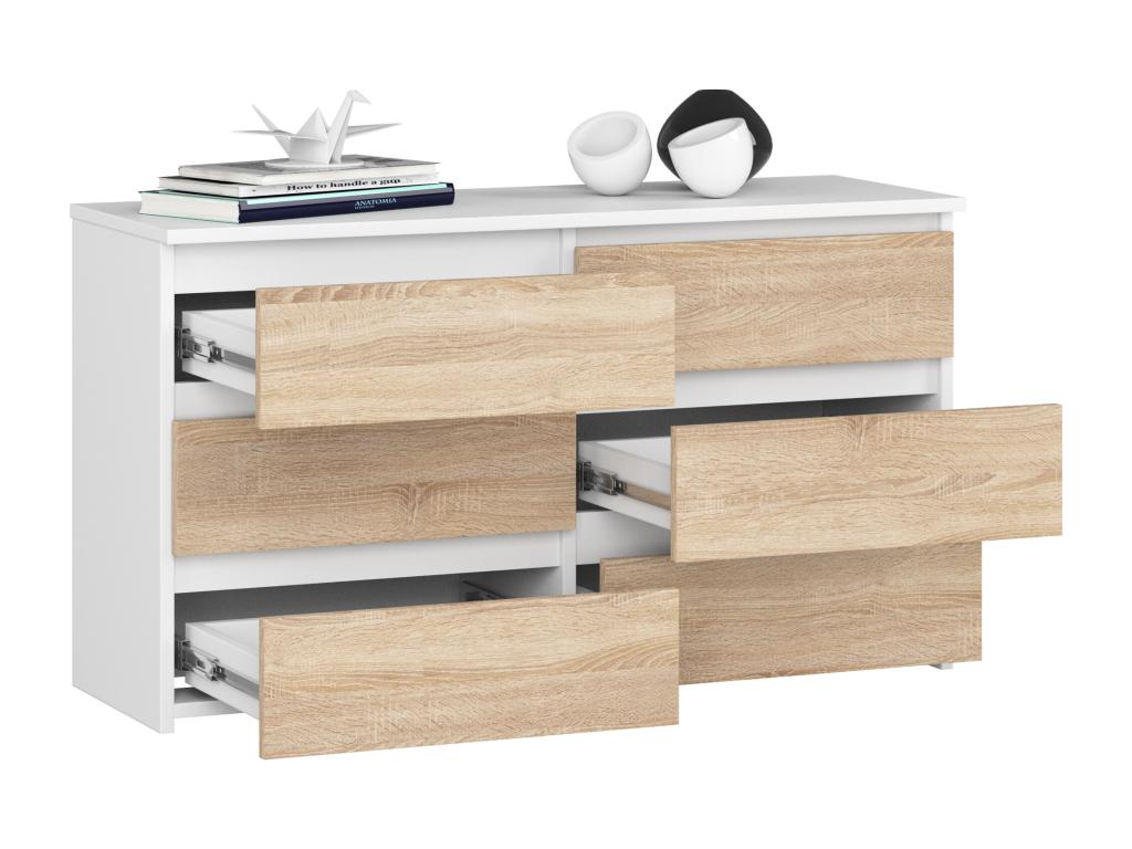 Petite Commode CL100 Blanche 100 cm 6 tiroirs façade Chêne 100x35x57 cm LYYQ85886