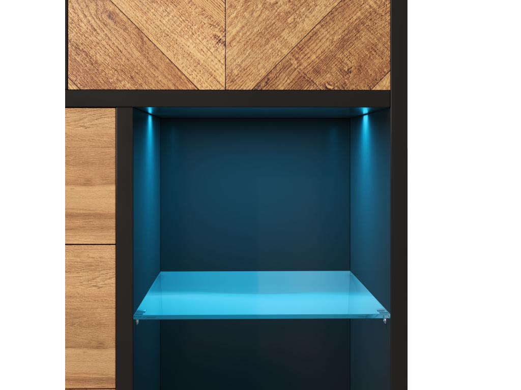 Vitrine avec 3 tiroirs et 1 porte - 80x40x120,5 cm - LEDs - Etagères en verre - Panneaux de particules et métal - Couleur noir QMPA60833