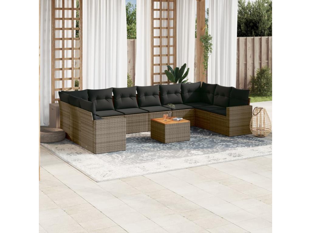 Salon de jardin 11 pcs avec coussins gris résine tressée CMJC31526