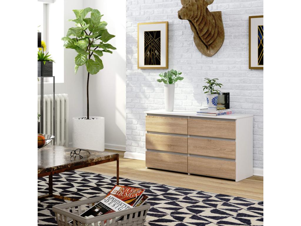 Petite Commode CL100 Blanche 100 cm 6 tiroirs façade Chêne 100x35x57 cm LYYQ85886