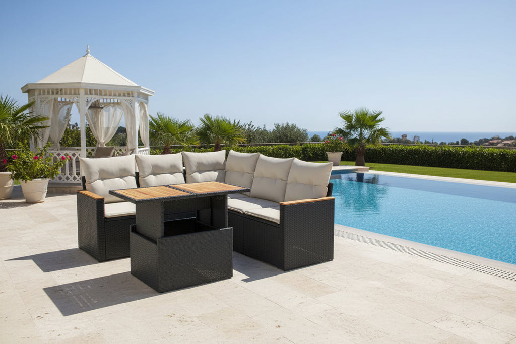 Salon de jardin 6 pcs avec coussins noir résine tressée BBJO98237