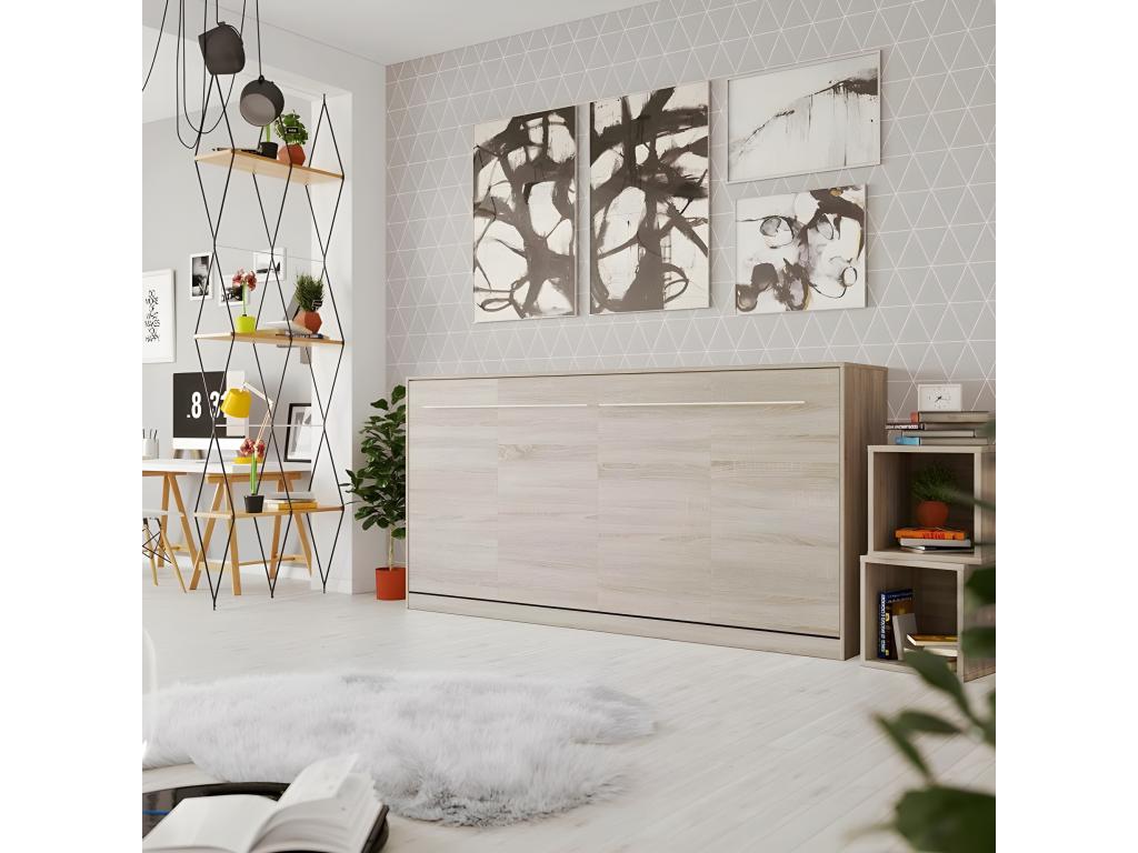 Armoire Lit escamotable 90x200cm Lysviaérieur Lit Horizontal Rabattable Lit Mural Chêne Lysvia//Chêne Lysvia TQXS61262