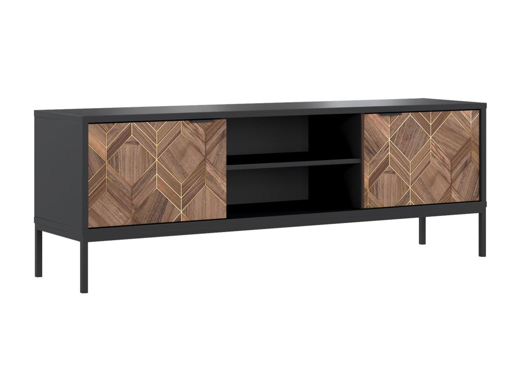 Meuble TV avec 2 portes et 2 niches - Noir et Naturel foncé - Lysvia ZTHL93176