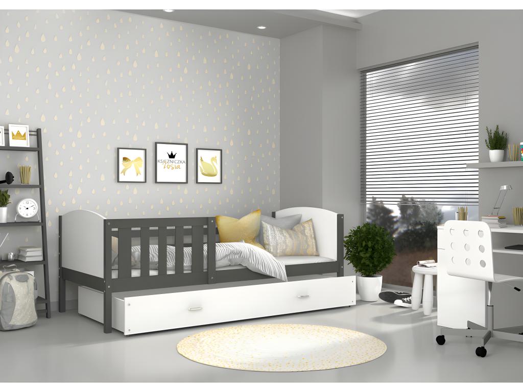 Lit Enfant 90x190 Gris - blanc Livré avec sommiers tiroir et matelas en mousse de 7cm RYOI48275