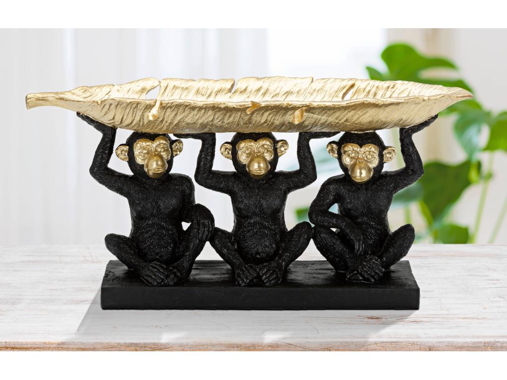Figurine décorative de trois singes avec feuille de palmier doré porte-objets 43x15.7x20 cm - Statue en résine noire et dorée sur piédestal DSZO50723