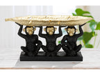 Figurine décorative de trois singes avec feuille de palmier doré porte-objets 43x15.7x20 cm - Statue en résine noire et dorée sur piédestal DSZO50723