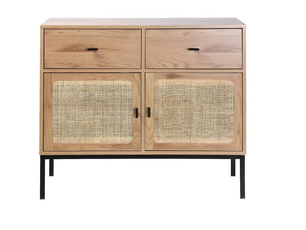 Buffet 2 Portes 2 Tiroirs avec Cannage Rotin L90cm - Lysvia MOIO50044