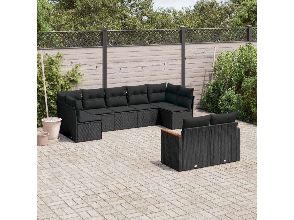 Salon de jardin 9 pièces avec coussins noir résine tressée INFP71377