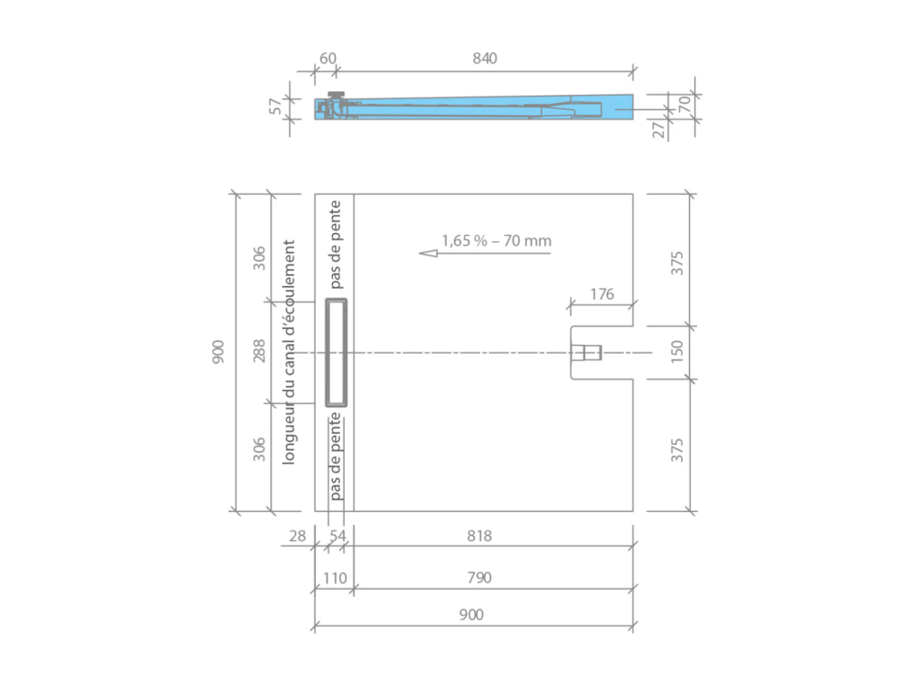 Récepteur à carreler 90x90 cm - sortie linéaire sortie sur le petit coté 320 LEXE41985