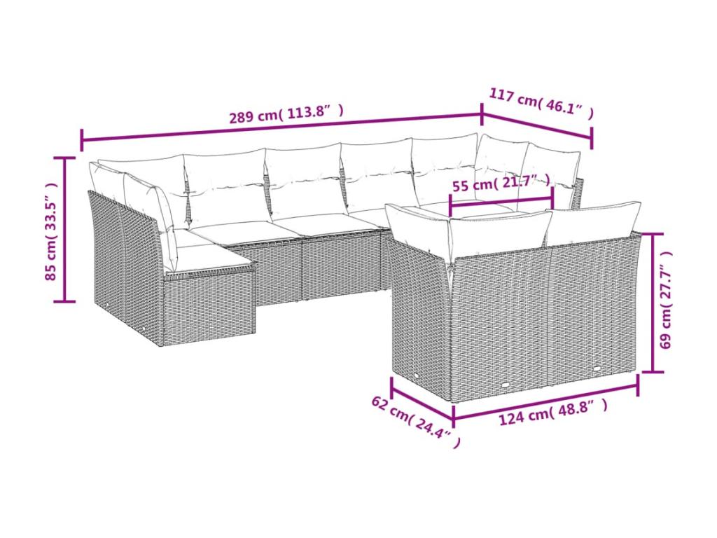 Salon de jardin 9 pcs avec coussins noir résine tressée NABU75970
