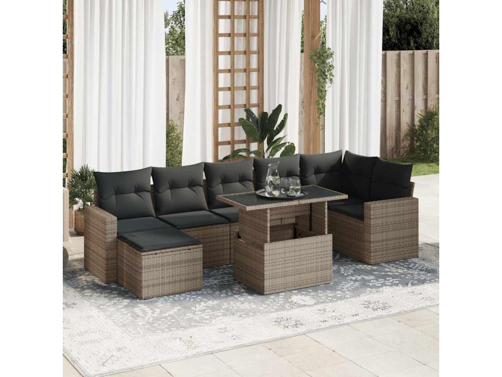 Salon de jardin 8 pcs avec coussins gris résine tressée BCZO05164