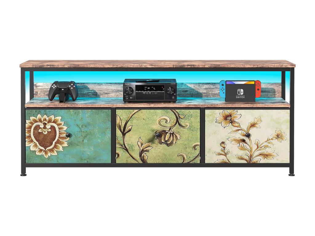 Meuble TV LED 108x30x78cm - 4 tiroirs 2 compartiments et étagère - tissu cuir et métal noir - Coloré YZNP65584