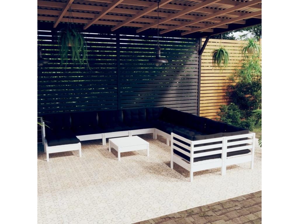 Salon de jardin 12 pcs avec coussins Blanc Bois de pin KFJR67885