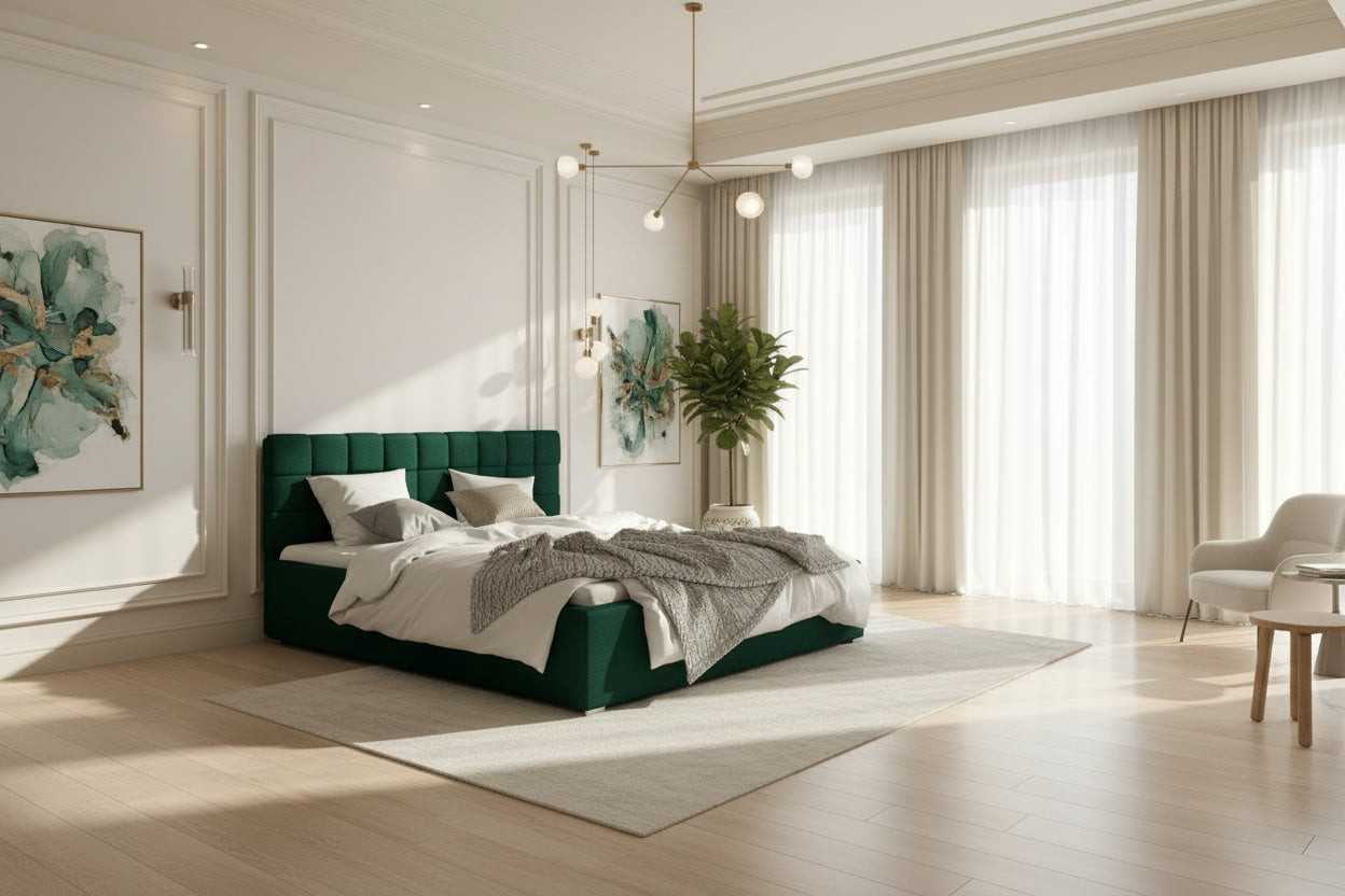 Lit avec coffre de rangement 200x200 capitonné velours vert Dormeva ISCR92952