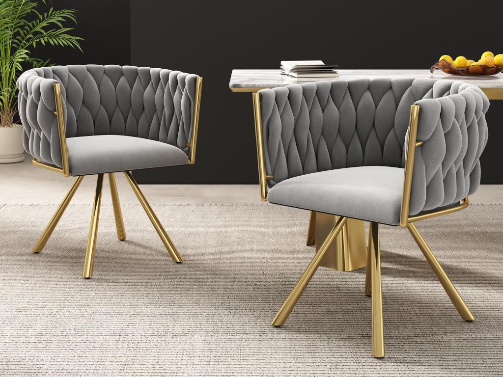 Lot de 2 chaises pivotantes en velours avec accoudoirs - pieds en métal doré - Gris BNMJ81918