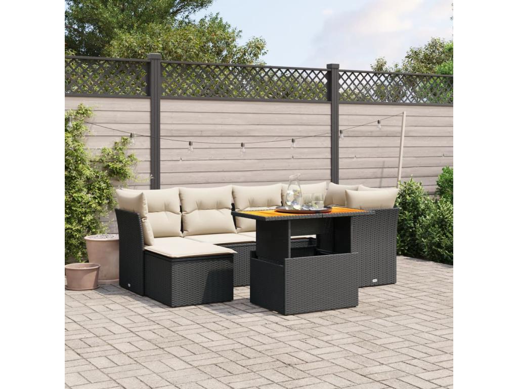 Salon de jardin 7 pcs avec coussins noir résine tressée OVDH31108
