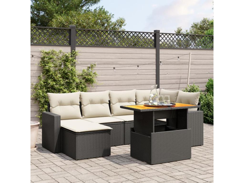 Salon de jardin 7 pcs avec coussins noir résine tressée LPPW79742