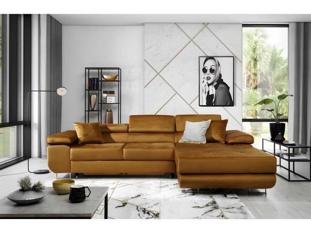Canapé d'angle convertible Lysvia en tissu velours luxe 5 places couleur cuivre avec coffre angle droit vu de face HQPC63616