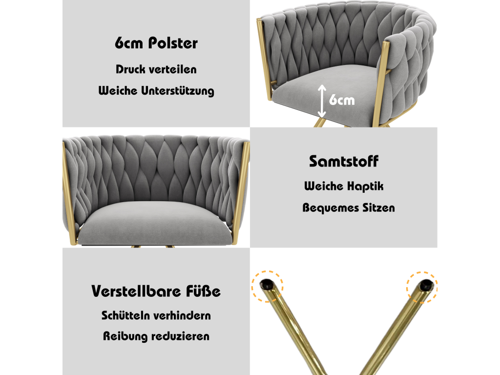 Lot de 2 chaises pivotantes en velours avec accoudoirs - pieds en métal doré - Gris BNMJ81918