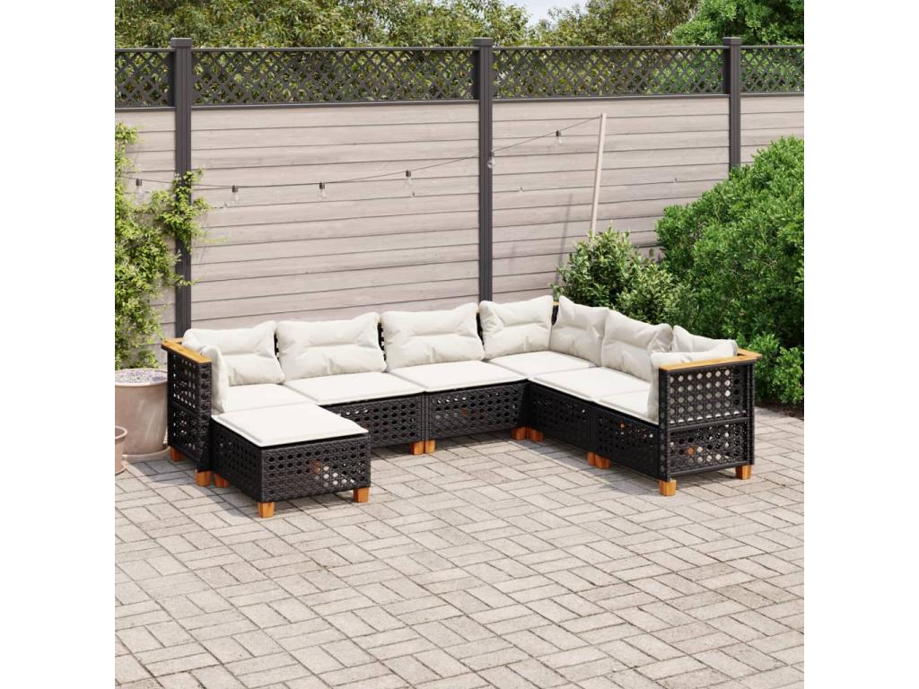 Salon de jardin 7 pcs avec coussins noir résine tressée ZPZJ45568